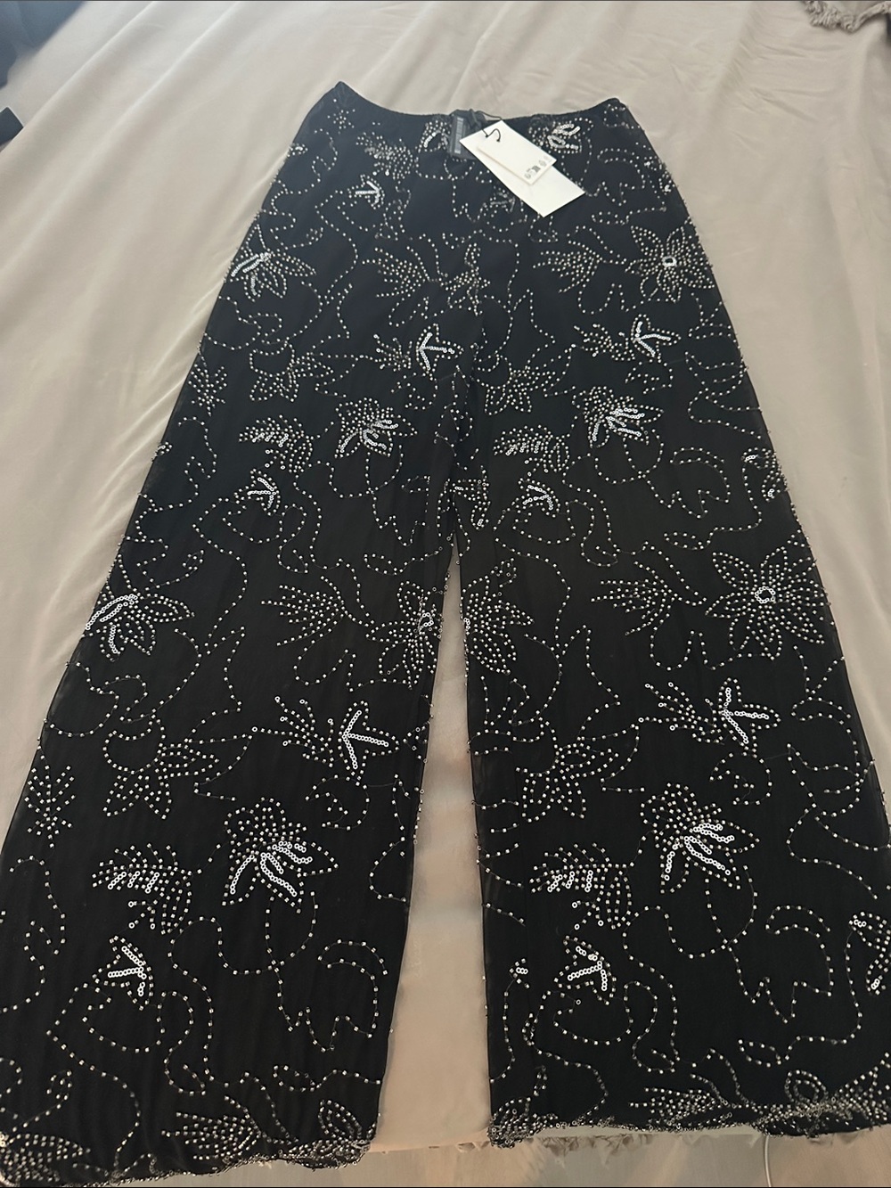 Zara Black Wide-Leg Pants with Silver Studded Floral Design